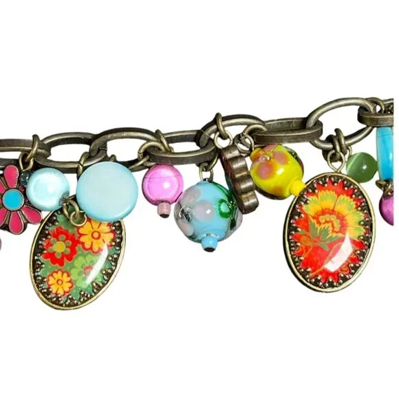 vtg Floral Chunky Antiqued-Bronze Bracelet Multicolor Glass Enamel Beads Charms - Picture 5 of 6